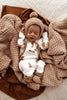 US stockist of Snuggle Hunny Kid's Merino wool bonnet & bootie set in Fawn.