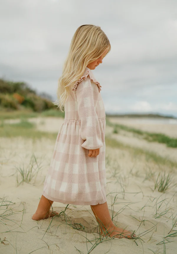 US stockist of Miann & Co's Frill Knit Dress in Ballet Pink Gingham