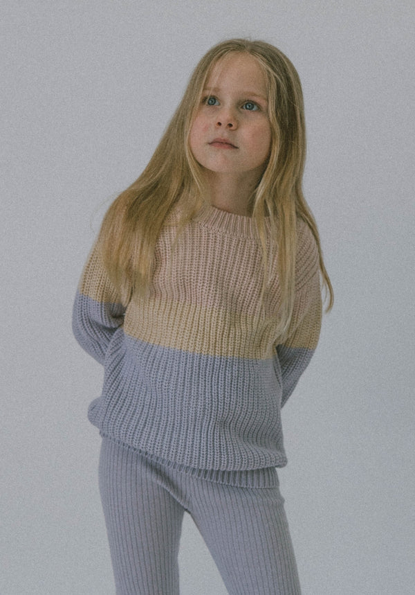 US stockist of Miann & Co's Tri-Tone chunky knit sweater in Lavender Stripe