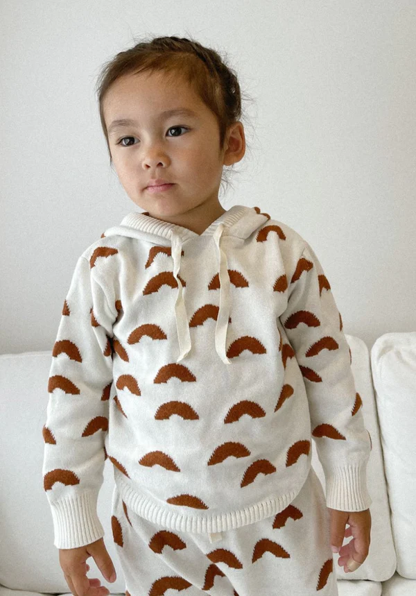 US stockist of Miann & Co's knit hooded baby sweater in Rainbow