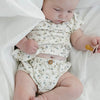 US stockist of Buck & Baa's organic cotton floral bloomers.  Made from cream fabric with blue floral print. Features coconut button on front and elastic waist.