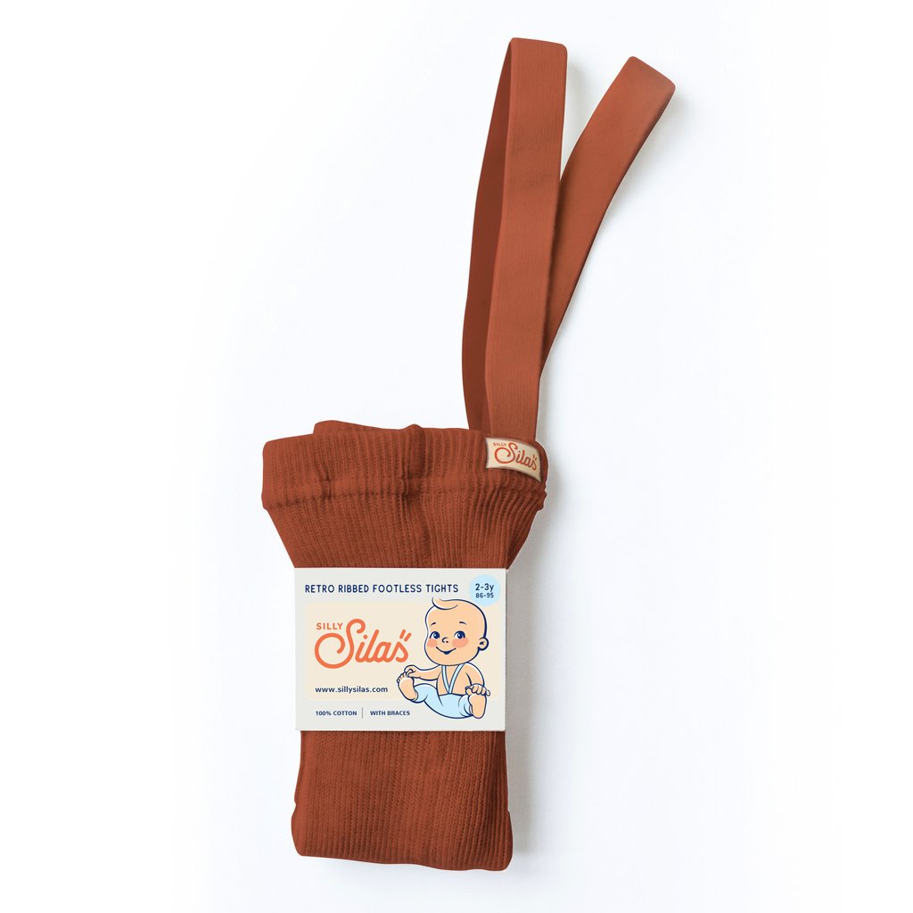 US stockist of Silly Silas gender neutral retro ribbed footed tights in cinnamon.  Made from 100% cotton and featuring braces.