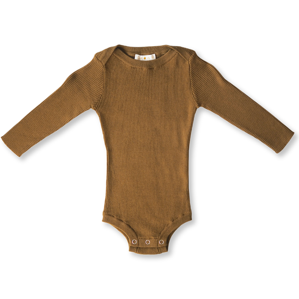US stockist of Grown Clothing's gender neutral, organic cotton ribbed essential bodysuit in Moss.