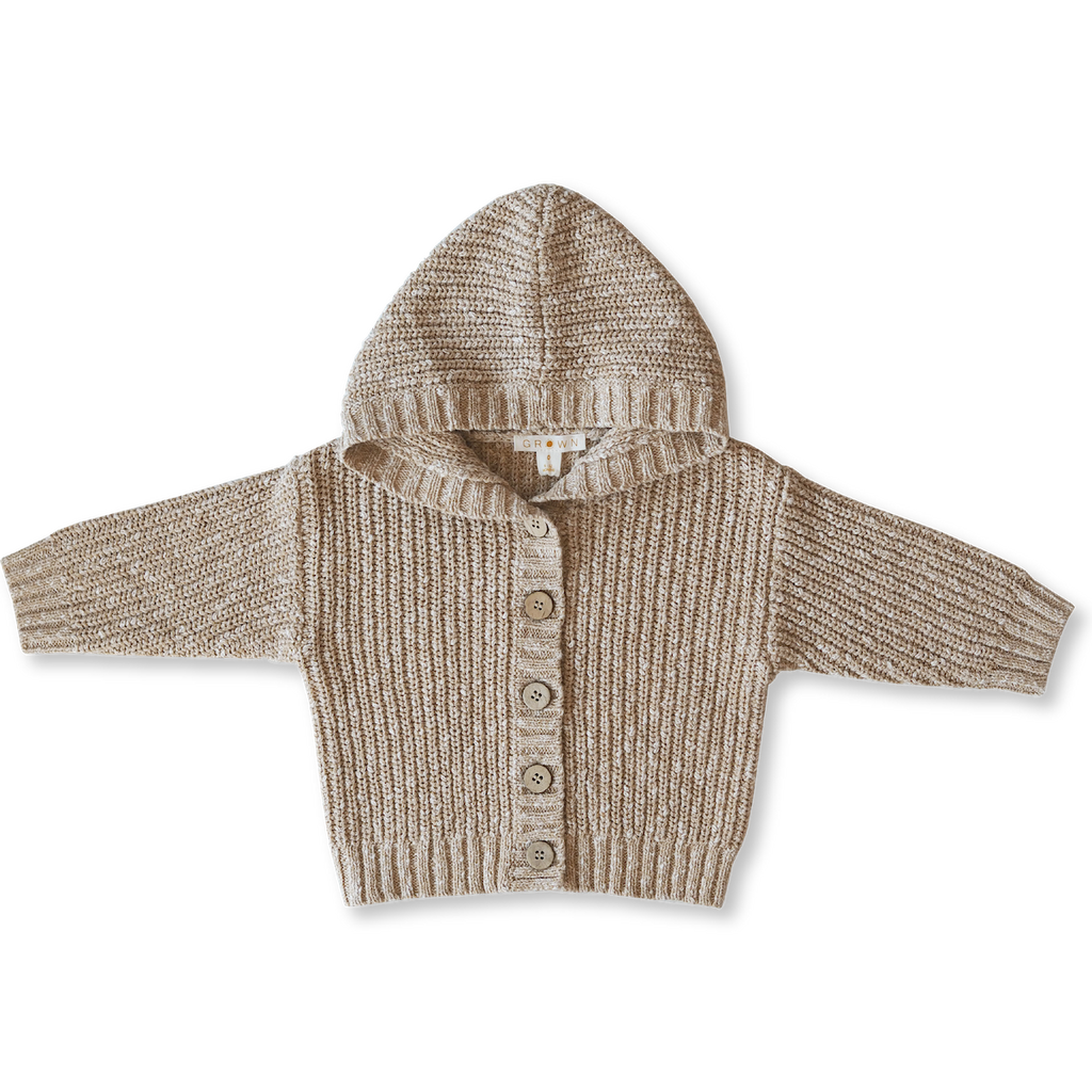 US stockist of Grown Clothing's gender neutral, chunky knit rib hoodie cardigan in Ecru.