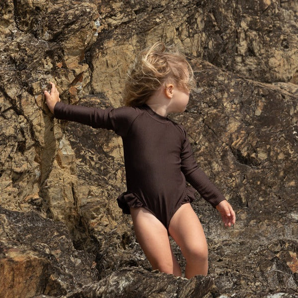 US stockist of Salty Swimwear's Eco Rib, long sleeve rashsuit in Chocolate.  Made from UPF 50+ Repreve Eco Rib fabric.