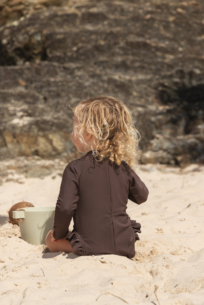 US stockist of Salty Swimwear's Eco Rib, long sleeve rashsuit in Chocolate.  Made from UPF 50+ Repreve Eco Rib fabric.