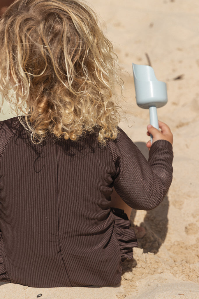 US stockist of Salty Swimwear's Eco Rib, long sleeve rashsuit in Chocolate.  Made from UPF 50+ Repreve Eco Rib fabric.