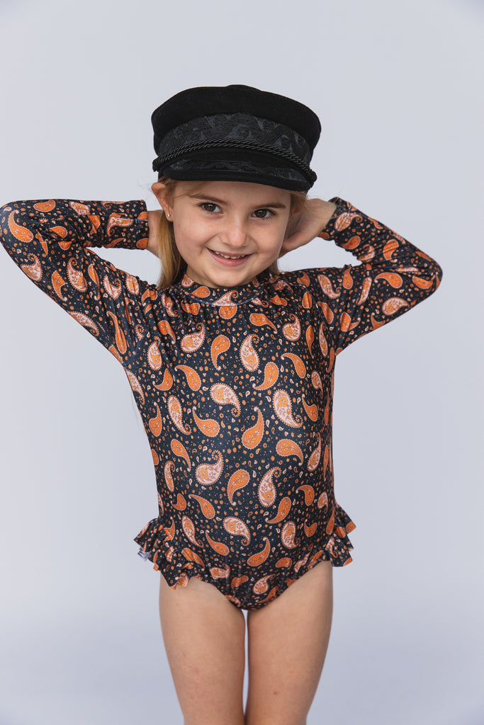 US stockist of Salty Swimwear's long sleeve rashsuit in Midnight Pretty Paisley.  Made from UPF 50+ Repreve fabric.