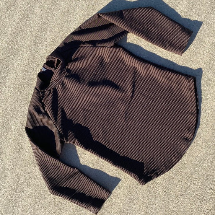 US stockist of Salty Swimwear's long sleeve Brook rash top in Eco Rib Chocolate.