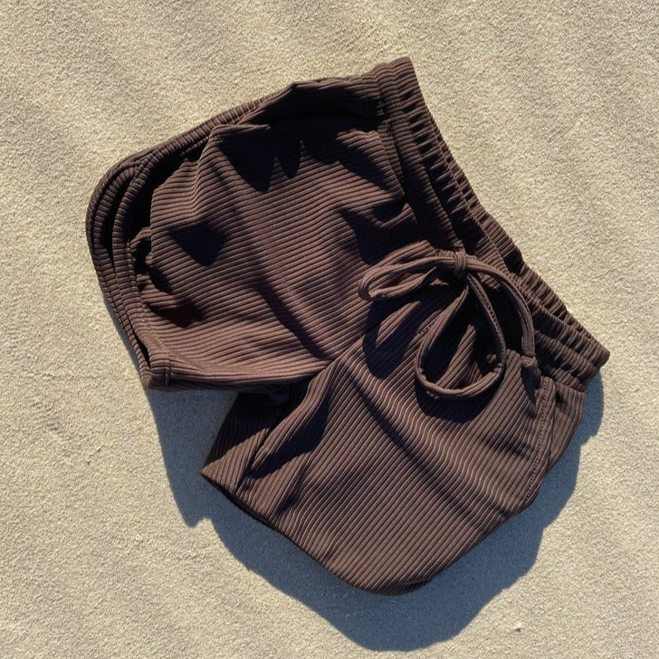 US stockist of Salty Swimwear's Jett Swim Trunks in Eco Rib Chocolate