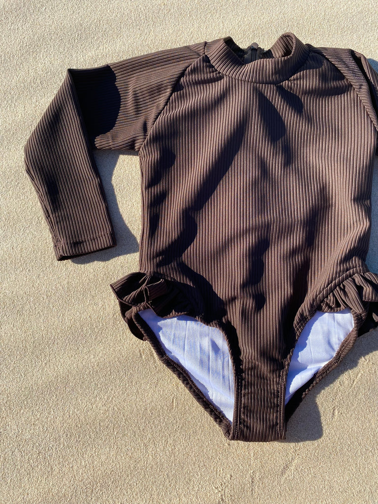 US stockist of Salty Swimwear's Eco Rib, long sleeve rashsuit in Chocolate.  Made from UPF 50+ Repreve Eco Rib fabric.