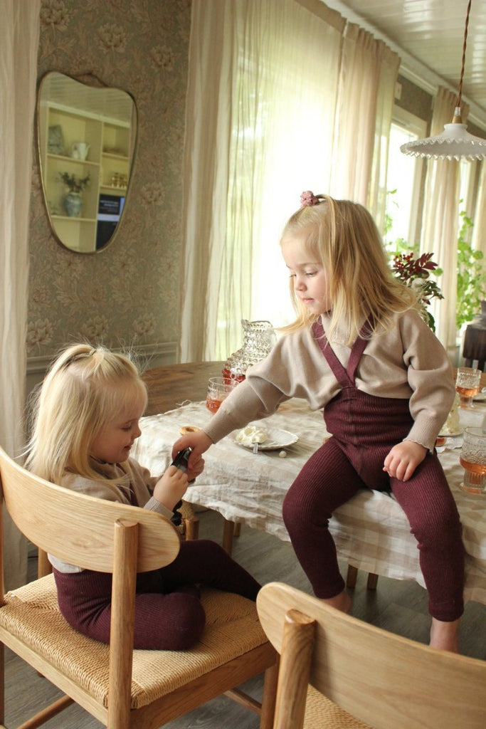 US stockist of Silly Silas gender neutral retro ribbed footless tights in fig blend.  Made from 100% cotton and featuring braces.