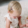 US stockist of Josie Joan's set of two "Little Brooklyn" fabric snap baby hair clips.