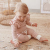 US stockist of India + Grace The Label's relaxed fit ribbed cotton leggings in dusty pink.  Features contrasting cream cuffs and non functional drawstring at waist.