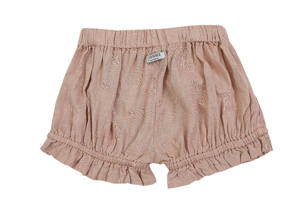 US stockist of Donsje's linen blend, Gwenda Bloomers in Vintage Pink.  Features a ruffle hem.