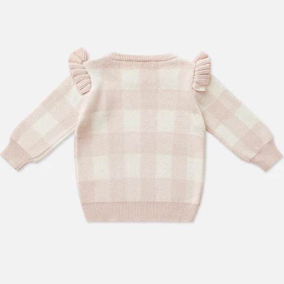 US stockist of Miann & Co's Frill Knit Baby Sweater in Ballet Pink Gingham
