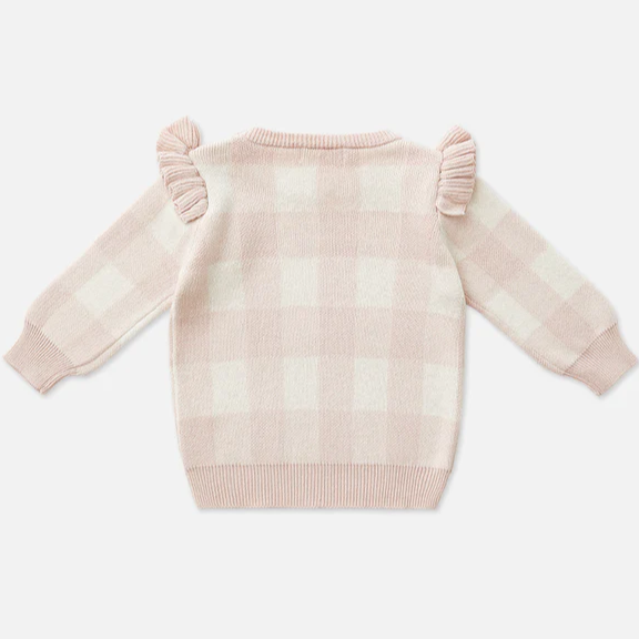 US stockist of Miann & Co's Frill Knit Sweater in Ballet Pink Gingham
