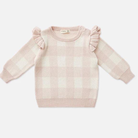 US stockist of Miann & Co's Frill Knit Sweater in Ballet Pink Gingham