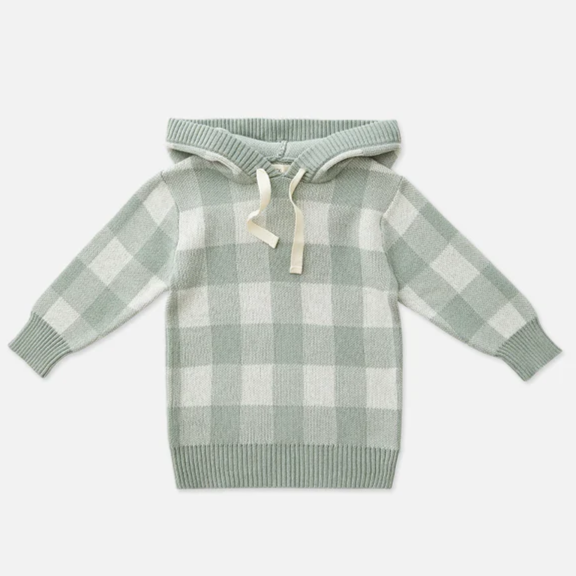 US stockist of Miann & Co's knit hooded baby sweater in Whisper Green Gingham