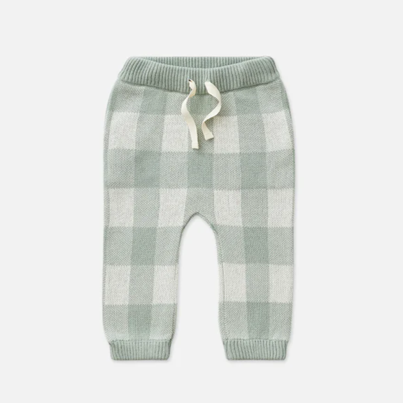 US stockist of Miann & Co's Knit Baby Jogger Pants in Whisper Green Gingham