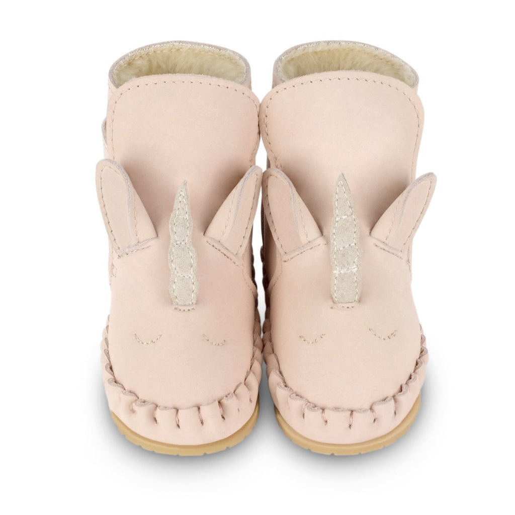 US stockist of Donsje's pale pink leather unicorn baby shoes with Kapi exclusive faux fur lining.  Velcro fastening - soft sole under 12mths.