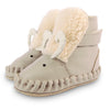 US stockist of Donsje's light grey, leather ram baby shoes with Kapi exclusive faux fur lining.  Velcro fastening - soft sole under 12mths.