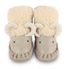 US stockist of Donsje's light grey, leather ram baby shoes with Kapi exclusive faux fur lining.  Velcro fastening - soft sole under 12mths.