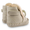 US stockist of Donsje's light grey, leather ram baby shoes with Kapi exclusive faux fur lining.  Velcro fastening - soft sole under 12mths.