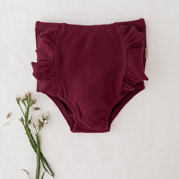 US stockist of Karibou Kids plum Georgia ribbed ruffle bloomers