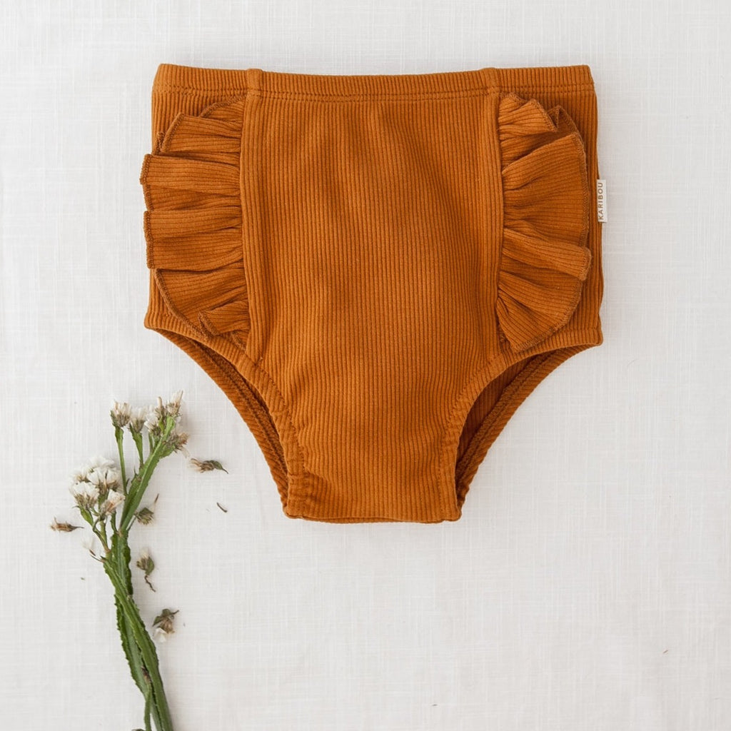 US stockist of Karibou Kids acorn Georgia ribbed ruffle bloomers