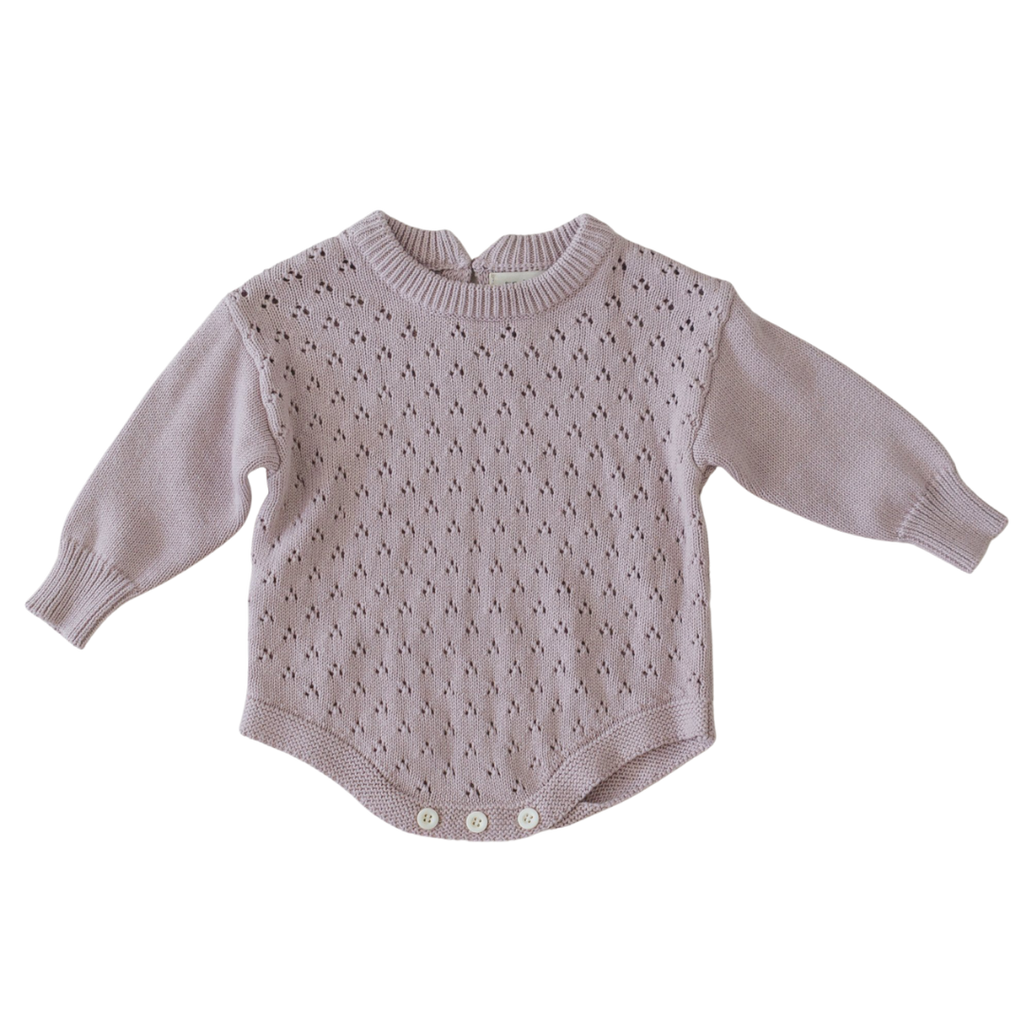 US stockist of Two Darling's long sleeve, dusty lilac knit romper.
