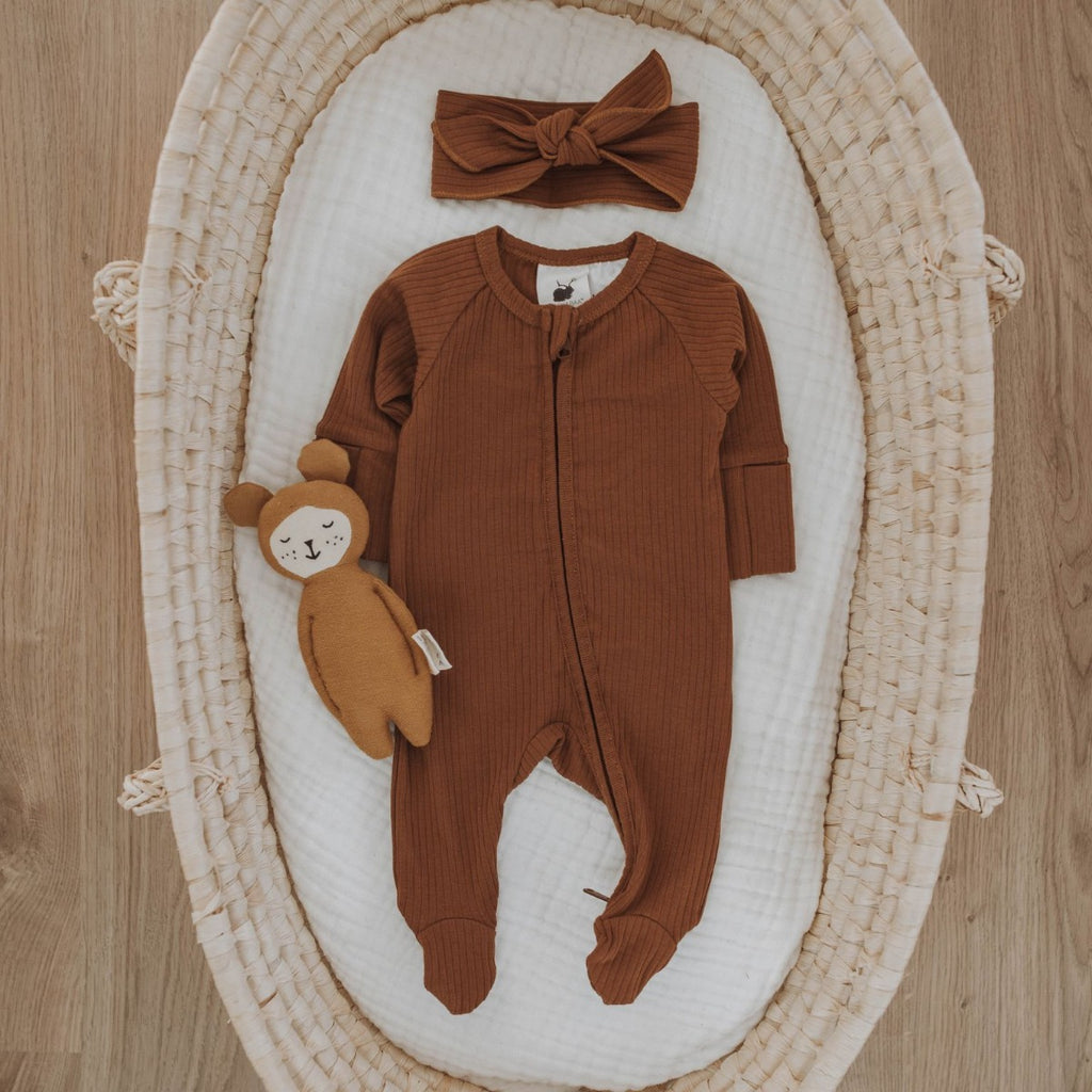 US stockist of Buck & Baa's organic cotton rib zip romper in gender neutral Cinnamon.  