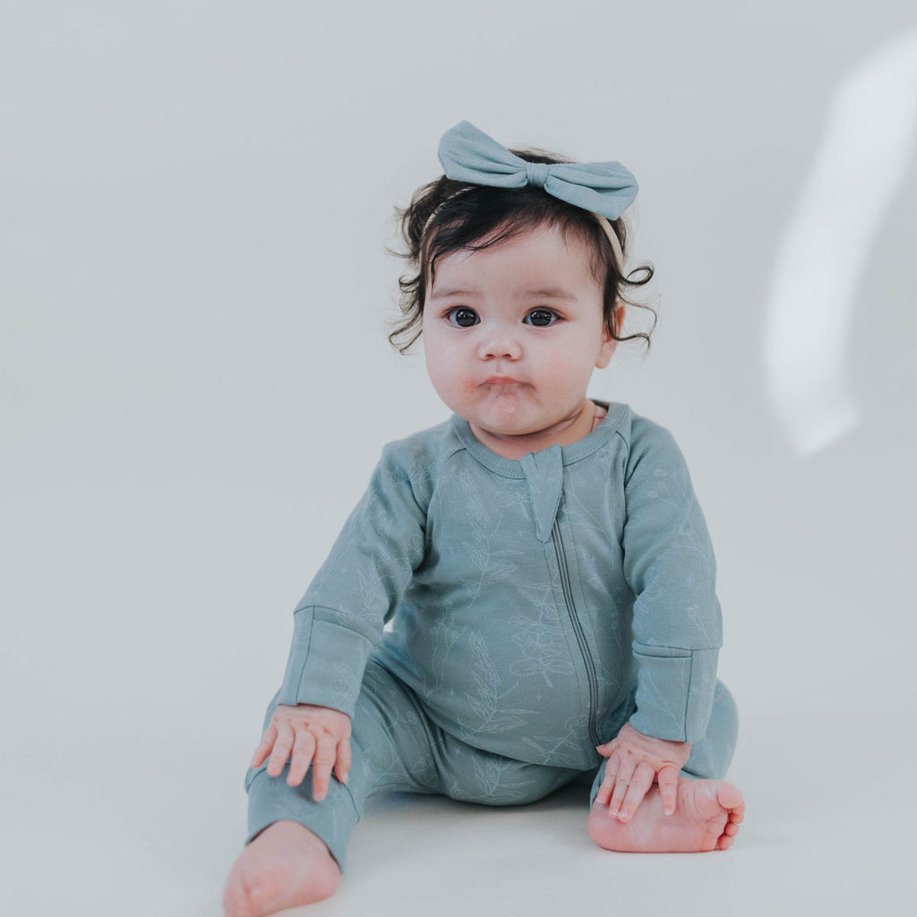 US stockist of Buck & Baa's gender neutral, organic cotton zip romper in Laurel.