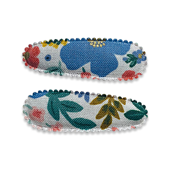 US stockist of Josie Joan's set of two "Little Jasmine" fabric snap baby hair clips.