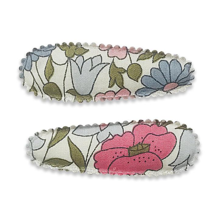 US stockist of Josie Joan's Little Lulu baby hair clip set. Gorgeous white fabric with pink and blue flowers.