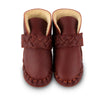 US stockist of Donsje's Burgundy classic leather  baby shoes with Mace faux fur lining.  Velcro braided fastening - soft sole under 12mths.