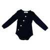 US stockist of Two Darling's long sleeve bamboo/cotton midnight blue bodysuit. Kimono style crossover front with four functioning wooden buttons.  Snaps at crotch.