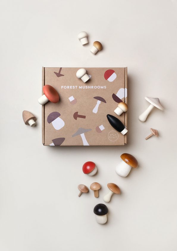 Stockist of Moon Picnic's Mushrooms in a box.  Set of 15 different wooden mushrooms made from beech wood which arrive in a box.