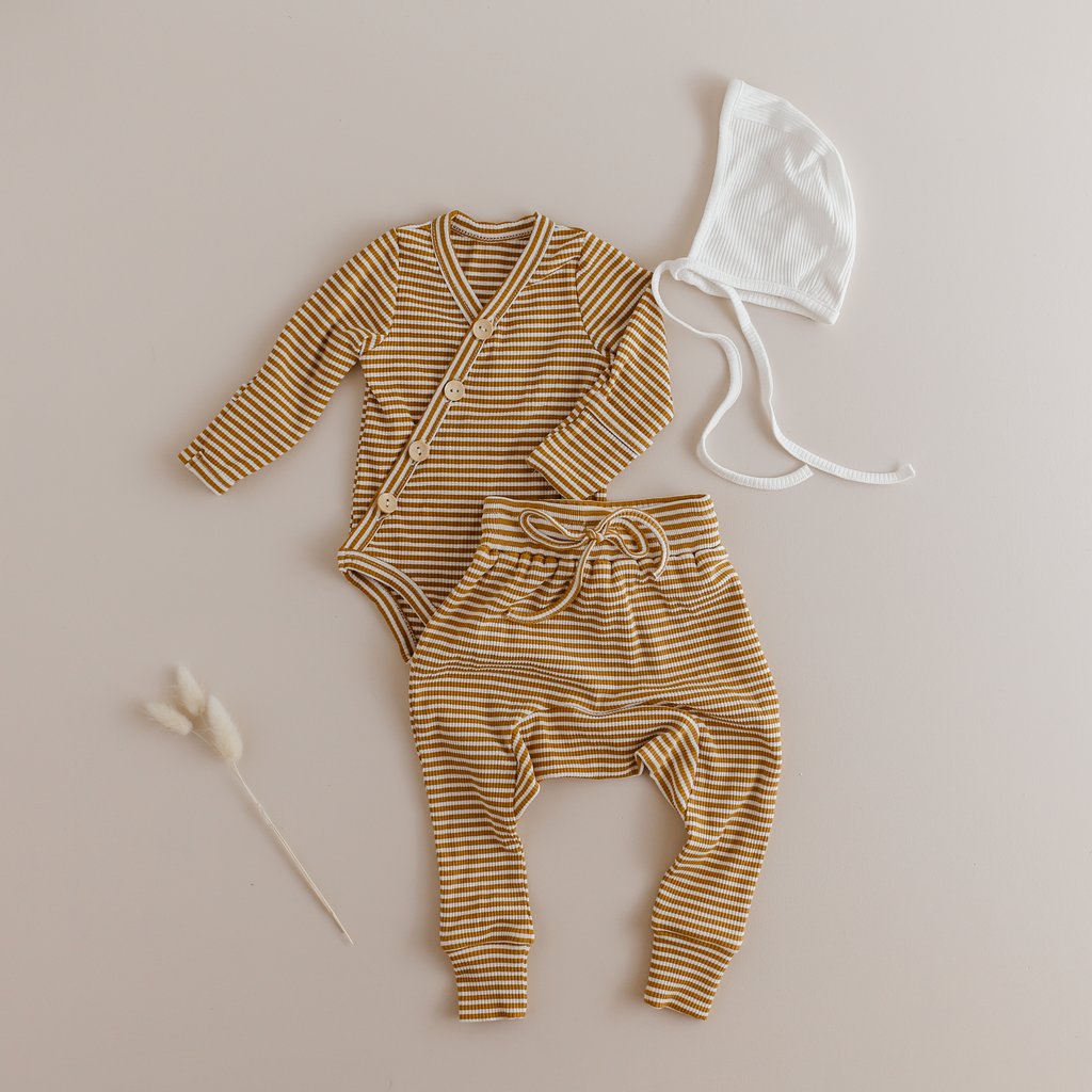 US stockist of Two Darlings gender neutral, mustard stripe rib cotton stretch harem jogger pants