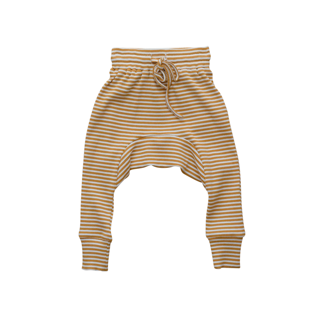 US stockist of Two Darlings gender neutral, mustard stripe rib cotton stretch harem jogger pants