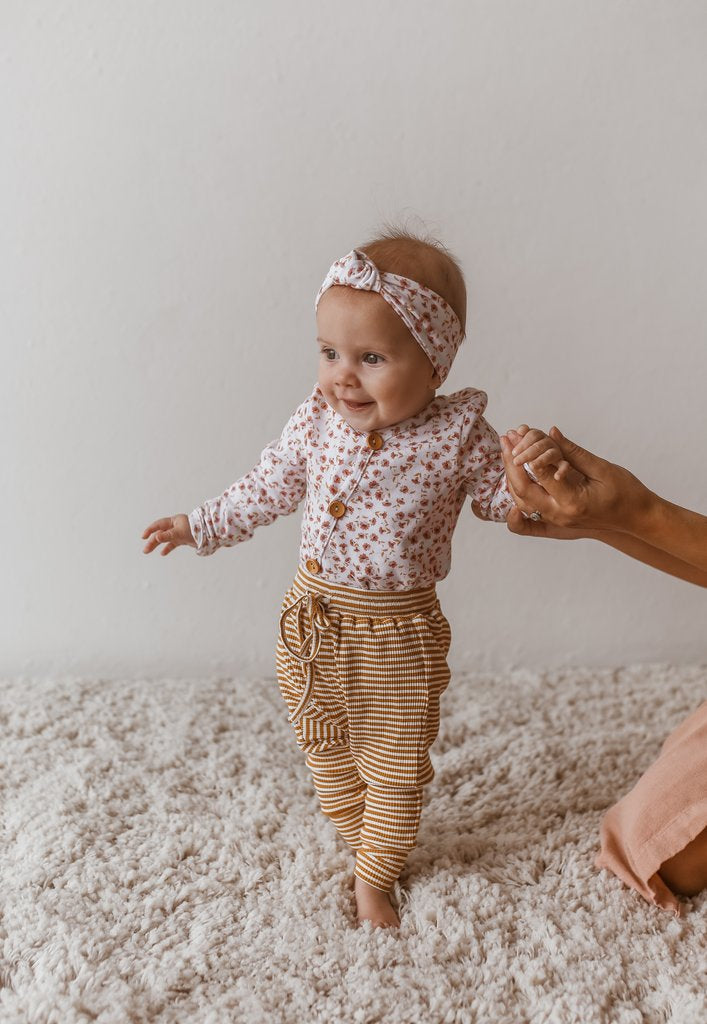 US stockist of Two Darlings gender neutral, mustard stripe rib cotton stretch harem jogger pants