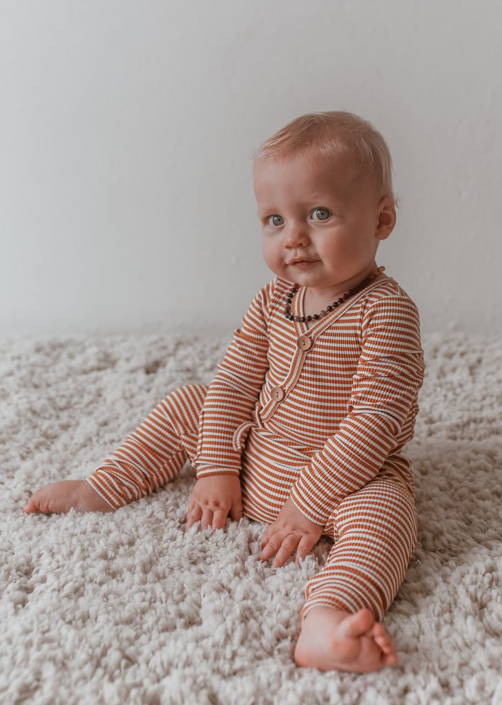 US stockist of Two Darlings gender neutral, mustard stripe rib cotton stretch harem jogger pants