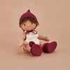 US stockist of Olli Ella's Dinkum Doll Knit Berry Set.  Features cotton knit bonnet and hard sole knit booties with pom poms on front. 