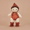 US stockist of Olli Ella's Dinkum Doll Knit Umber Set.  Features cotton knit bonnet and hard sole knit booties with pom poms on front. 