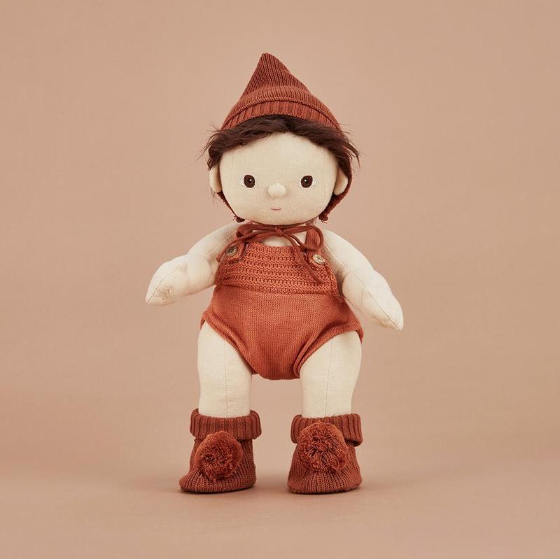 US stockist of Olli Ella's Dinkum Doll Knit Umber Set.  Features cotton knit bonnet and hard sole knit booties with pom poms on front. 