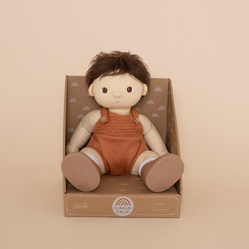 US stockist of gender neutral, brown haired, brown eyed Olli Ella peanut dinkum doll.  