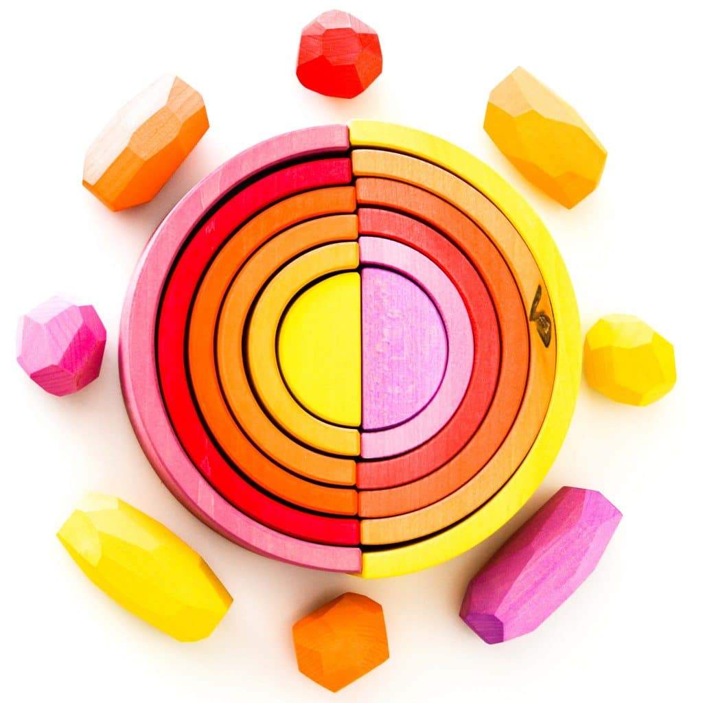 US stockist of Ocamora's 6pc Rainbow in yellow.  Handmade from sustainable Linden wood in shades of yellow, orange, red and purple.