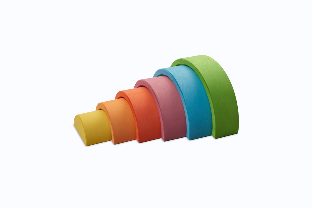 US stockist of Ocamora's 6pc Rainbow in green.  Handmade from sustainable Linden wood in shades of green, blue, pink, orange and yellow