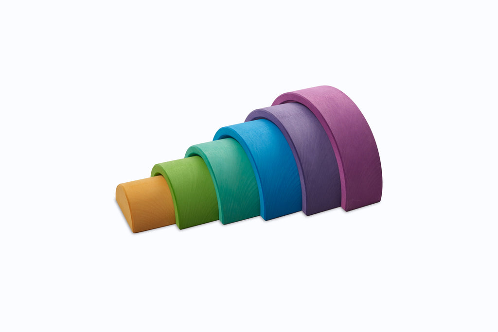 US stockist of Ocamora's 6pc Rainbow in purple.  Handmade from sustainable Linden wood in shades of purple, green, blue and yellow.
