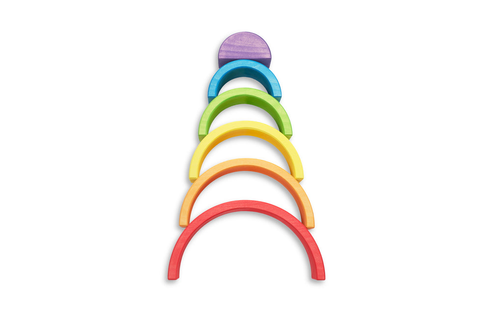 US stockist of Ocamora's 6pc Rainbow in red.  Handmade from sustainable Linden wood in shades of red, orange, yellow, green, blue and purple.